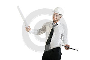 Young handsome supervisor making gesture on white