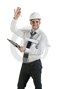 Young handsome supervisor making hand gesture on white