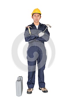 Young handyman standing with his tool box