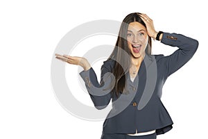Young happy advertizing business woman in  jacket photo