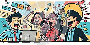 Young happy Asian business man, woman work together, celebrate success in start up office