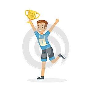 Young happy athletes boy running with winner cup, kid celebrating his victory cartoon vector Illustration