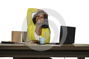 Young happy and attractive black African American business woman smiling cheerful and confident working at office computer desk re