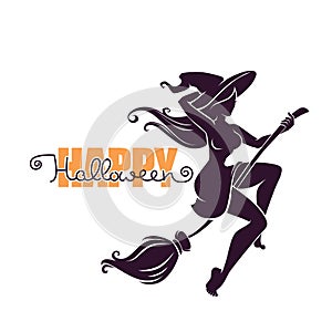 Young happy and attractive witch riding a broom silhouette, for