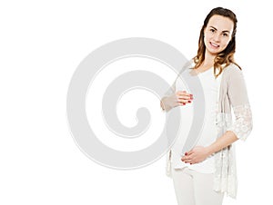 Young happy beautiful pregnant woman posing isolated on white