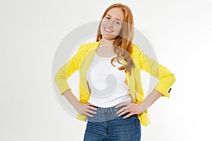 Young happy beautiful red hair woman over isolated background looking confident at the camera with smile and touching her hair.