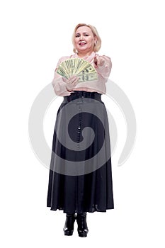 Young happy blinde woman with dollars in hand