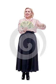 Young happy blinde woman with dollars in hand