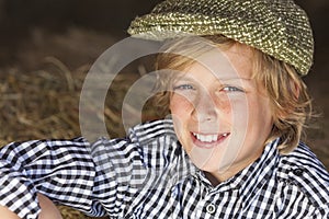 Young Happy Blond Boy Child Plaid Shirt Flat Cap