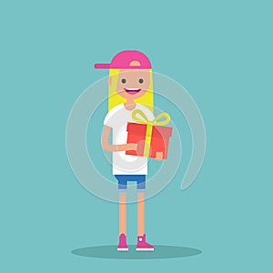 Young happy blond girl holding a bright gift box / vect