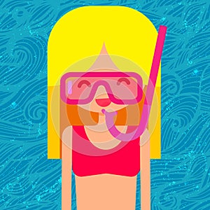 Young happy blonde girl in swimsuit with snorkel
