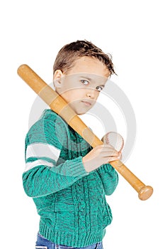young happy boy with wooden baseball bat and ball isolated on white studio background.