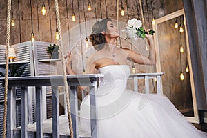 Young happy bride wearing beautiful lush dress