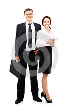 Young and happy business couple isolated on white