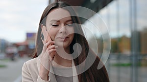 Young Happy Busy Professional Caucasian Business Woman Making Call on Cellular, Holding Smartphone, Talking on Mobile