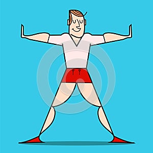 Young happy caucasian white man doing stretching warm up exercise, vector illustration