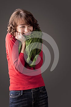 Young Happy Caucasian Woman Portrait . Over Gray Background