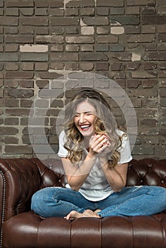 Young happy cheerful laughing woman Emotional girl