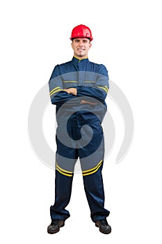 Young happy construction worker in blue uniform