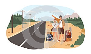 Young happy couple with backpacks standing near road and hitchhiking. Cute smiling man and woman thumbing or hitching