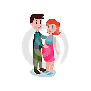 Young happy couple, cheerful man touching belly of pregnant woman. Beautiful expectant mother. Parenthood. Flat vector.