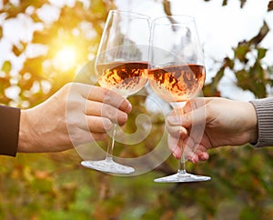 Young happy couple enjoying a glasses of pink wine