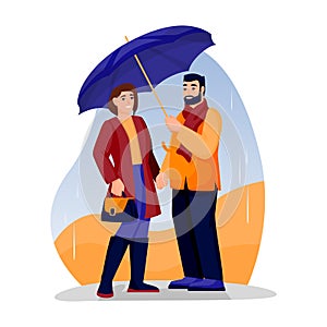 Young happy couple has romantic date in park. Vector illustratio. Woman and man under umbrella