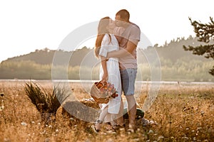 young happy couple in love kissing and hugging on nature. Man and woman hugging, sunlight in summer meadow. Happy