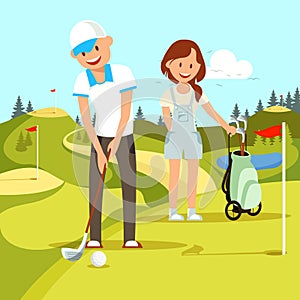 Young Happy Couple of Man and Woman Playing Golf