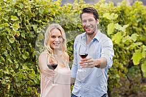 Young happy couple offering wine