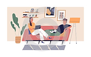 Young happy couple relaxing on comfy sofa in living room. Spending time together in apartment. Woman with laptop and man