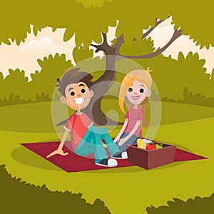 Young happy couple sitting on picnic blanket in park. Romantic date on nature. Rest in open air. Cartoon people