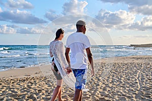 Young happy couple walking on the beach holding hands, back view.