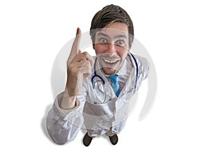 Young happy doctor have an idea and holds finger up. Isolated on white.