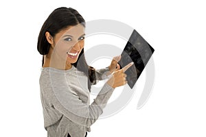 Young happy and excited hispanic woman holding digital tablet pad smiling isolated on white