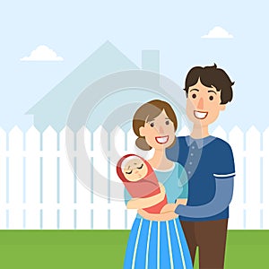 Young Happy Family with Newborn Baby Standing Outside in Front of Fence and House Vector Illustration
