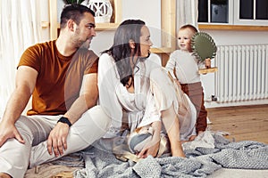 Young happy family together having fun at home, lifestyle people concept