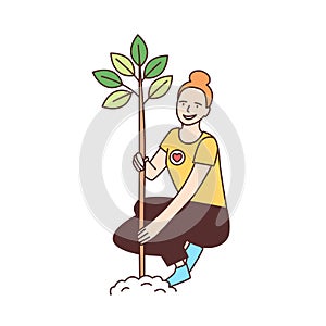 Young happy female volunteer or ecologist planting tree in park isolated on white background. Ecological or photo