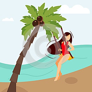 Young happy girl on the beach sits on a swing among palm trees. Travelling, summer vacation concept