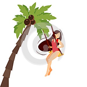 Young happy girl on the beach sits on a swing among palm trees. Travelling, summer vacation concept