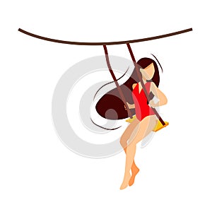 Young happy girl on the beach sits on a swing among. Travelling, summer vacation concept