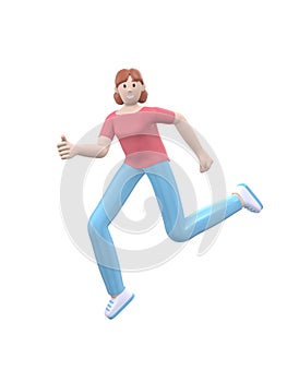 A young happy girl dances, jumps, levitates and flies her arms up. Positive character in casual colored clothes isolated on a