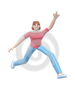 A young happy girl dances, jumps, levitates and flies her arms up. Positive character in casual colored clothes isolated on a