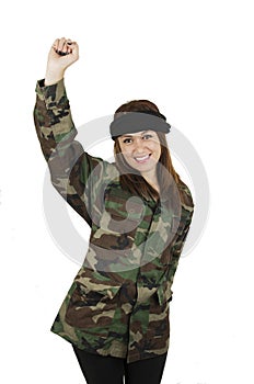 Young happy girl dressed in green camouflage