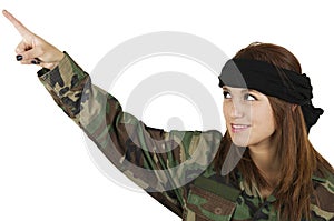 Young happy girl dressed in green camouflage photo