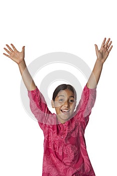 Young Happy girl with hands up