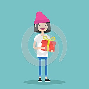 Young happy girl holding a bright gift box / editable vector car