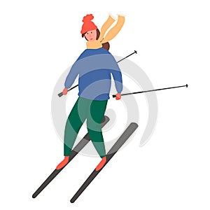 Young happy girl riding on ski vector flat cartoon illustration