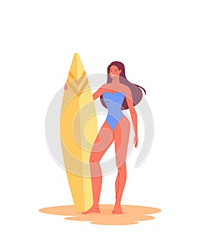 Young happy girl standing on sand and holding surfboard. Active female character in swimwear on summer recreation
