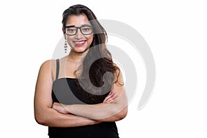 Young happy Indian woman smiling while wearing eyeglasses with a